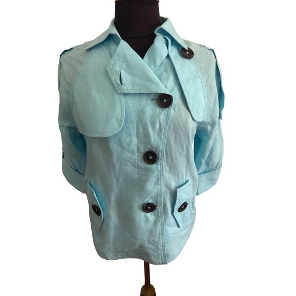 Chico's Jackets & Blazers - Chico's Blue Linen Button-Up Short Sleeve Jacket With Pockets, Size 0 (Small)